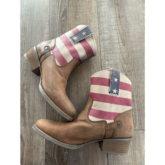 Women’s STERLING RIVER Cowboy Boots | Short | Size 8.5 M | Brown Stars & Stripes - Picture 4 of 12